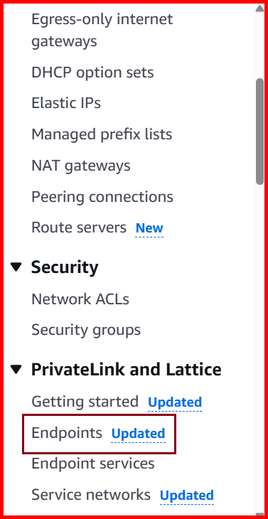 Picture showing the Endpoints submenu in the Virtual private cloud menu